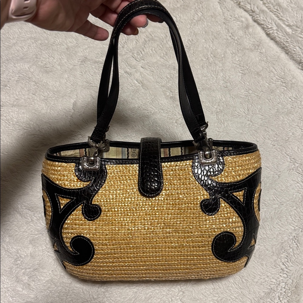 Brighton Straw & Black Leather Satchel – Woven Handbag with Scroll Detail - EUC